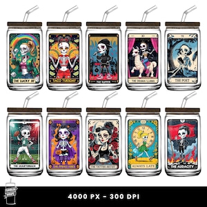 May include: Set of ten glass tumblers with lids and straws, each featuring a unique design. Designs include a skeleton with a rainbow, a skeleton with tacos, a skeleton rapper, and a skeleton on a llama. The text on the tumblers includes "The Lucky AF" and "Taco Tuesday".