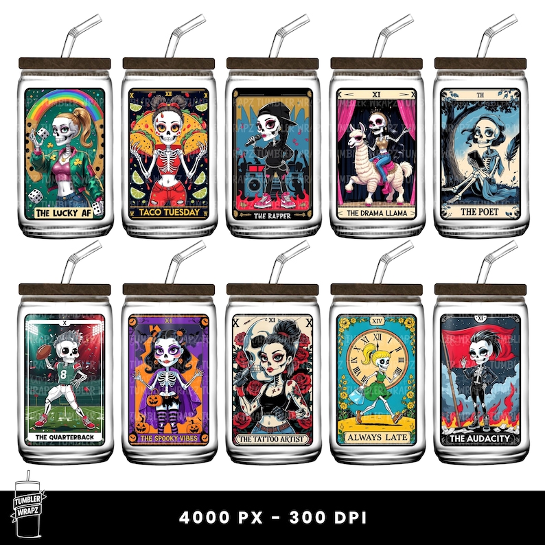 May include: Set of ten glass tumblers with lids and straws, each featuring a unique design. Designs include a skeleton with a rainbow, a skeleton with tacos, a skeleton rapper, and a skeleton on a llama. The text on the tumblers includes "The Lucky AF" and "Taco Tuesday".