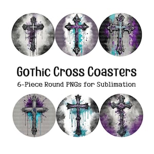 May include: Six round coasters with a gothic cross design. The crosses are black with purple and blue watercolor accents. The background is a gray and white watercolor wash.