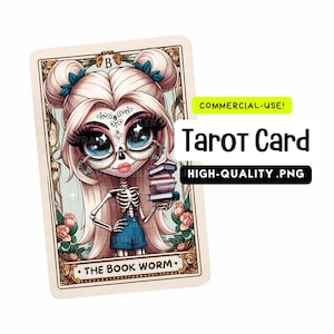 May include: A tarot card illustration of a skeleton girl with blonde hair and blue eyes wearing glasses and a blue skirt. She is holding a stack of books and the card reads "The Book Worm".