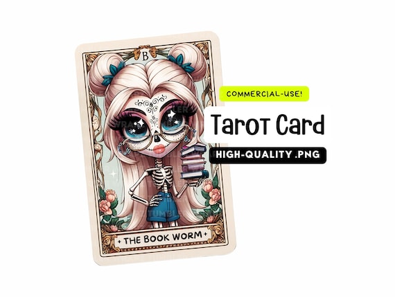 The Book Worm Funny Tarot Card PNG - Funny Skull Sublimation Design for Women’s T-Shirts & Commercial Use - Witchy Clipart Digital Download