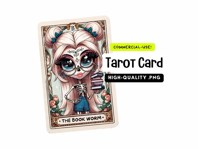 May include: A tarot card illustration of a skeleton girl with blonde hair and blue eyes wearing glasses and a blue skirt. She is holding a stack of books and the card reads "The Book Worm".