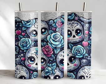 Sugar Skull Tumbler Sublimation Design – Blue Roses, Day of the Dead (Instant Download PNG)