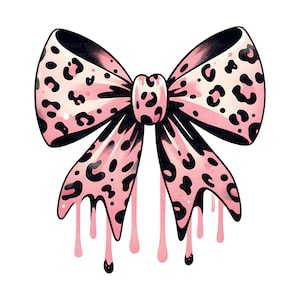 Può includere: Un fiocco rosa con un motivo leopardato e dettagli neri. Il fiocco presenta gocce rosa sul fondo. Il fiocco decorativo è un elemento di design.