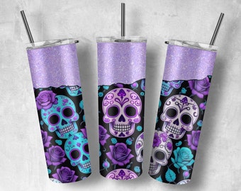 Purple Sugar Skulls 20oz Skinny Tumbler Wrap (PNG Digital Download)