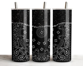 May include: Three black and white stainless steel tumblers with a black glitter background and a white bandana pattern.