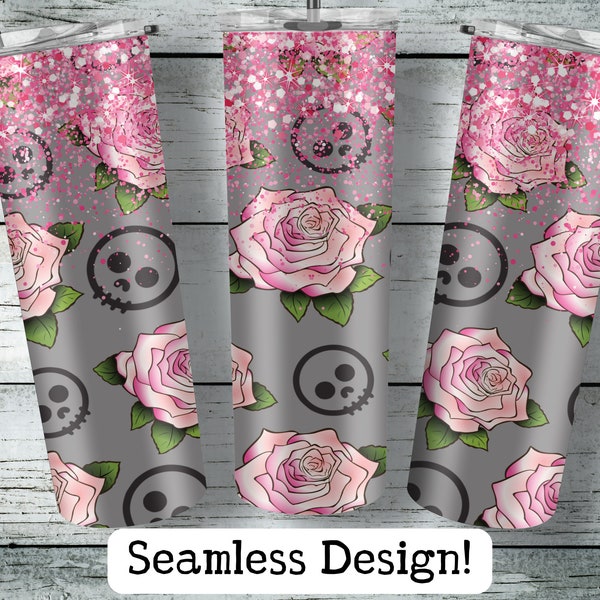 Seamless Pink Halloween Tumbler Wrap Design, Gothic Glitter Tumbler Wrap PNG for teen,, Pretty Skull Tumbler Design, Instant Download