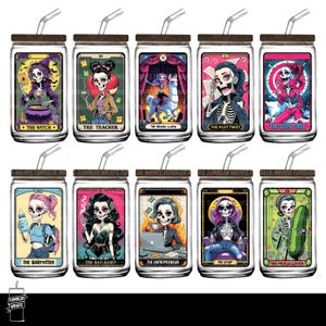May include: A collection of ten glass tumblers with lids and straws, each featuring a unique skeleton-themed tarot card design. The designs include "The Witch," "The Teacher," and "The Babysitter," among others. The tumblers are clear with brown lids.