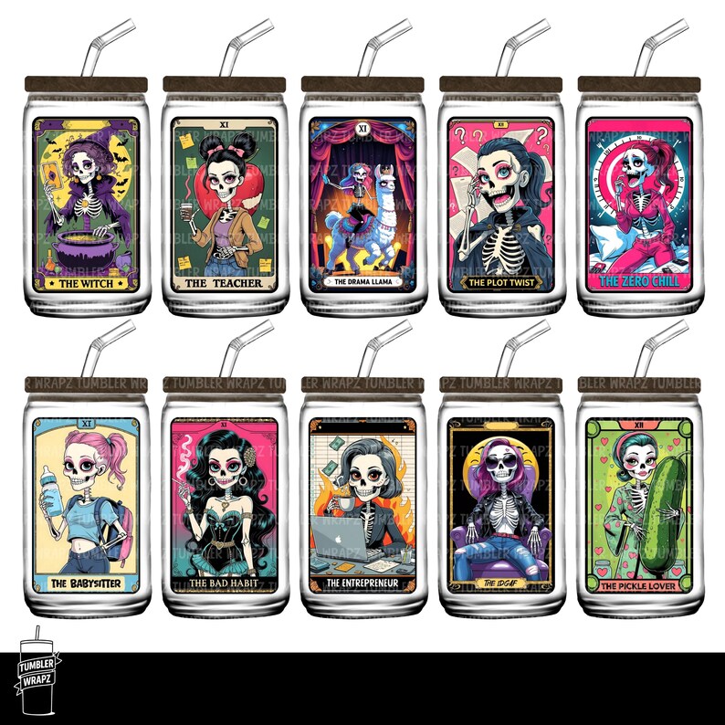 May include: A collection of ten glass tumblers with lids and straws, each featuring a unique skeleton-themed tarot card design. The designs include "The Witch," "The Teacher," and "The Babysitter," among others. The tumblers are clear with brown lids.