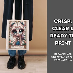 May include: A white tote bag with a colorful illustration of a skeleton girl with large eyes and a stack of books. The text "THE BOOK WORM." is printed on the bag.