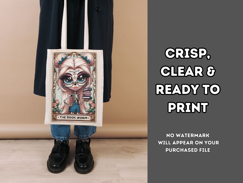 May include: A white tote bag with a colorful illustration of a skeleton girl with large eyes and a stack of books. The text "THE BOOK WORM." is printed on the bag.
