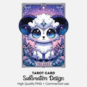 May include: A tarot card featuring a cute, cartoon ram with blue eyes and a starry background. The card is framed in a decorative border and has the text "The Aries" at the bottom.