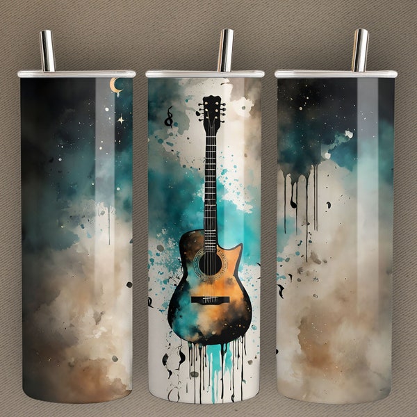 Mens Acoustic Guitar Tumbler Wrap Design Template for Sublimation, Gift for Music Enthusiasts, Watercolor Art - Instant Download