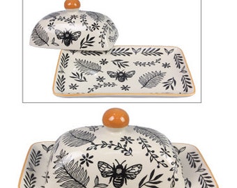 Stoneware Black and Natural White Botanical Butter Dish with Lid, Terracotta Accent