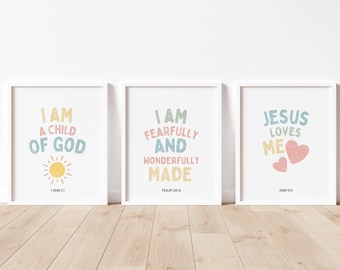 Set of 3, Bible Verse Wall Art, Christian, Scripture, Classroom, Nursery, Kids Room, Playroom, Digital Download