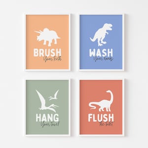 Dinosaur Bathroom Wall Art, Wash Brush Hang Flush, Boys Bathroom Decor, Wall Art, Printable Wall Decor, Kids, Toddler, Digital Download