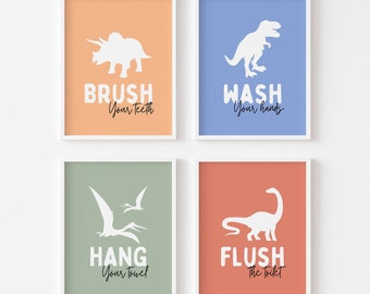 Dinosaur Bathroom Wall Art, Wash Brush Hang Flush, Boys Bathroom Decor, Wall Art, Printable Wall Decor, Kids, Toddler, Digital Download