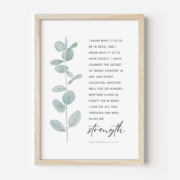 Philippians 4:12-13, Bible Verse Wall Art, Watercolor Eucalyptus, Scripture, Christian, All This Through Christ Who Gives Me Strength,