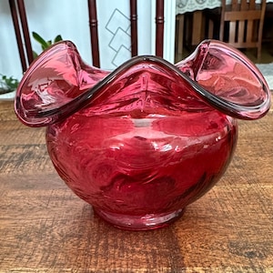 Fenton Cranberry Ruffle Bowl with Feather Pattern, Vintage 1960’s