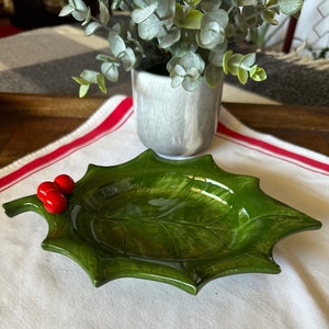 Otigari Japan Holly Berry Leaf Design Candy Dish, Holiday Tableware, Green Holly w/Red Holly Berries, Gold Seal on Bottom, Vintage 1983