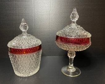 Ruby Red Flash Diamond Point Biscuit Jar and Candy Jar, Indiana Glass Company, Vintage 1960’s, Discontinued Pattern. SOLD SEPARATELY