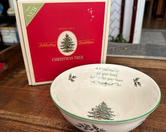 Spode Christmas Tree Snack Bowl, Green Trim, Friendship Quote, Original Box, Made in England, Candy Dish