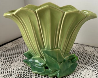 Vintage McCoy Fan Vase, 1950's, Ceramic Pottery Two Tone Green, Applied Ivy Leaf, High Gloss Glaze, Marked McCoy