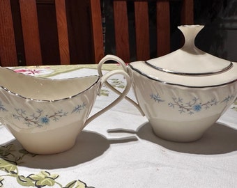 Lenox Lidded Sugar Bowl and Creamer Set, Porcelain with Platinum Trim, Chanson Collection, Made in USA, Vintage 1959-1979