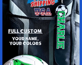May include: A black and green soccer ball keychain with the name "CHARLIE" printed on it. The keychain is attached to a black and gray sports bag with a mesh pocket. The bag has the text "FULL CUSTOM YOUR NAME, YOUR COLORS" printed on it. The image also includes a soccer ball and the text "FREE SHIPPING USA".