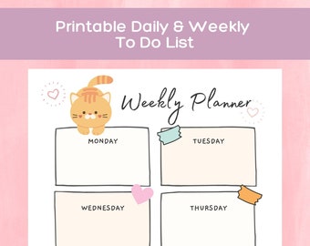 Cat Themed To Do List Printable, Daily/Weekly Tasks Template, Organizer, Productivity Planner, Fillable PDF, Classic Minimal, A4/A5/Letter