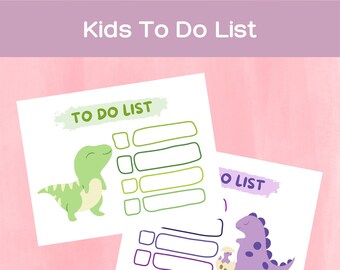 Könnte beinhalten: Zwei druckbare To-Do-Listen mit niedlichen Dinosaurier-Illustrationen. Die erste Liste zeigt einen grünen Dinosaurier vor einem hellgrünen Hintergrund mit dem Text "TO DO LIST". Die zweite Liste zeigt einen lila Dinosaurier vor einem helllila Hintergrund mit dem Text "TO LIST".