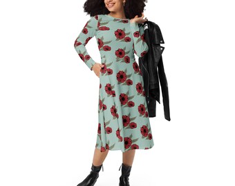 Vestido midi de manga larga con estampado integral