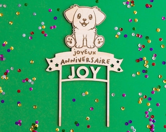 Personalized wooden “DOG” cake topper with first name for birthday cake