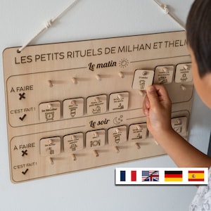 Tableau de motivation routine matin et soir en bois personnalisé montessori france