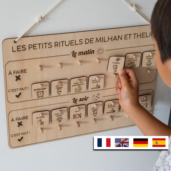 Tableau de motivation routine matin et soir en bois personnalisé montessori france