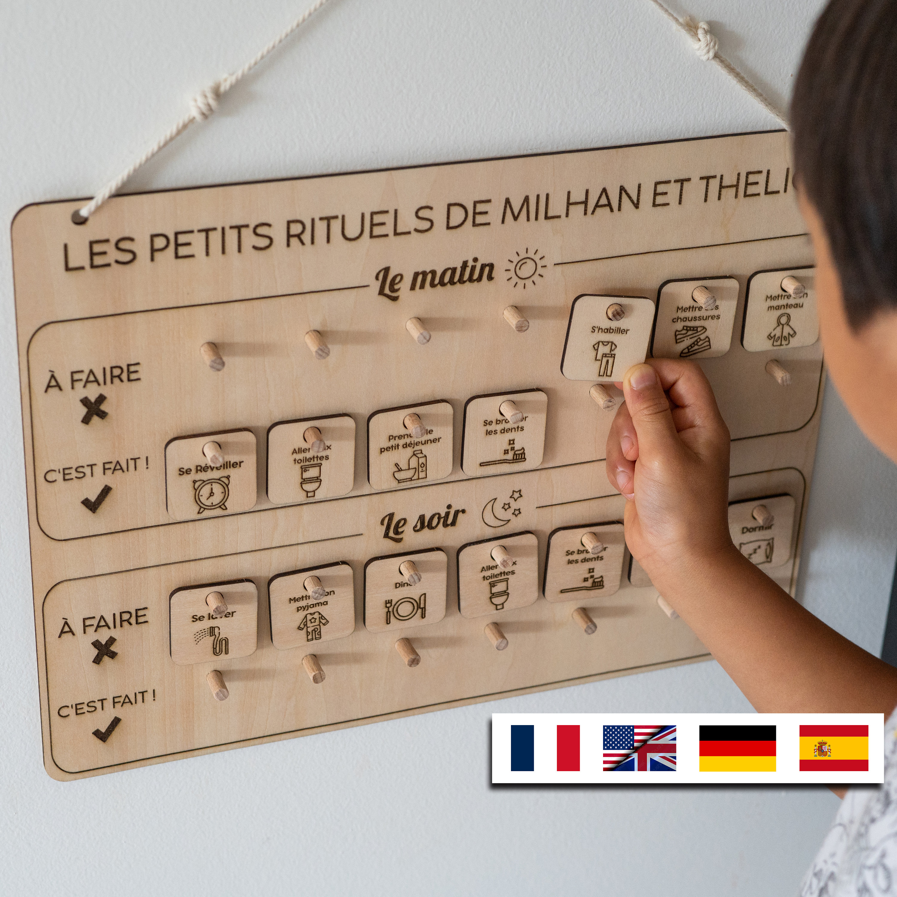 Tablero de motivación de rutina matinal y vespertino de madera personalizado Montessori Francia