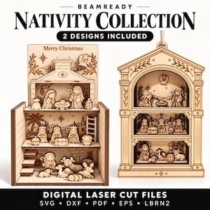 Peut inclure: Une collection de crèches en bois découpées au laser comprenant deux modèles. L'un est une structure ouverte à trois niveaux avec des figurines, l'autre est une décoration suspendue à trois étages. Texte : BEAMREADY NATIVITY COLLECTION, 2 DESIGNS INCLUDED, Merry Christmas, DIGITAL LASER CUT FILES SVG DXF PDF EPS LBRN2.