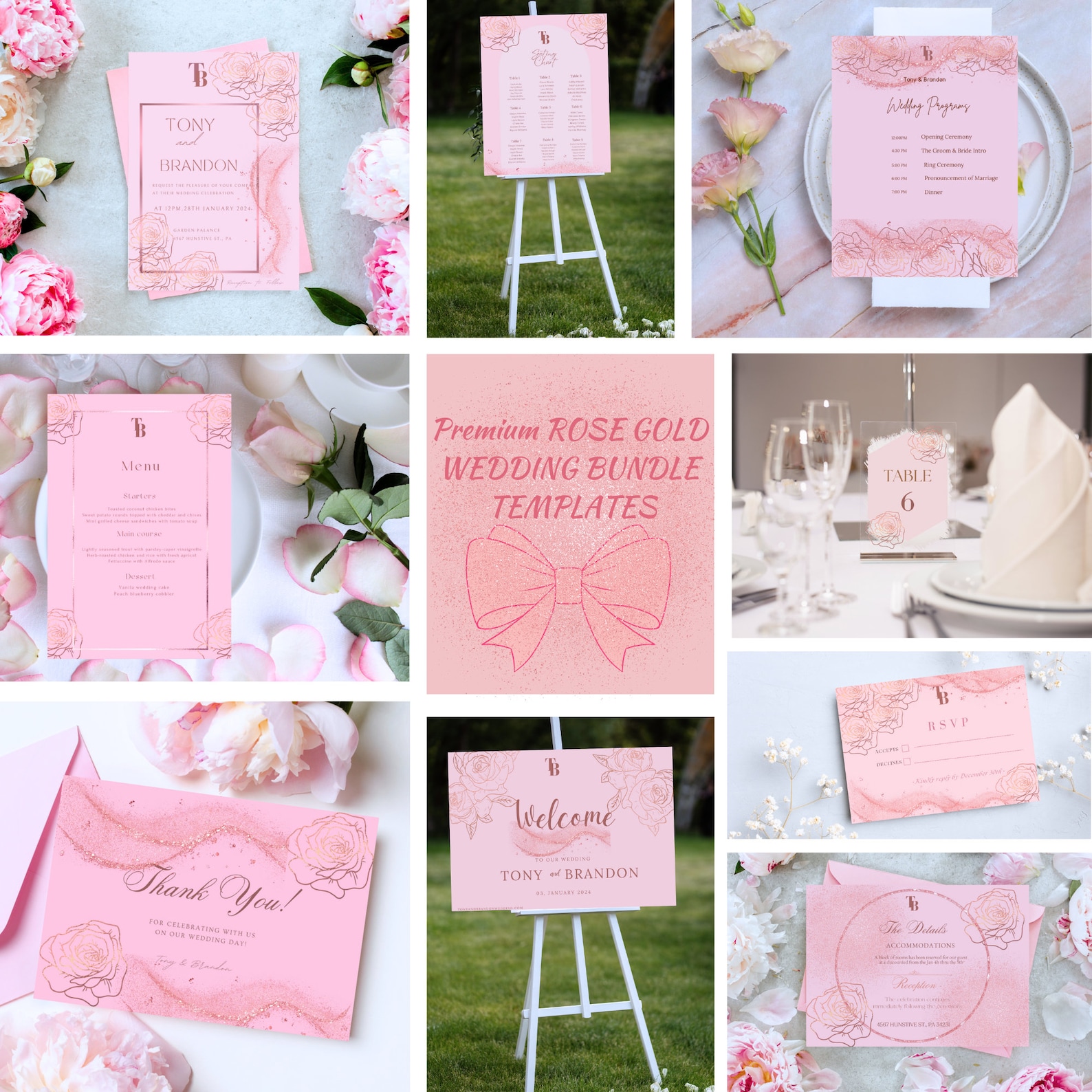 Printable Rose Gold Wedding Stationery Bundle DIY Rose Gold Wedding