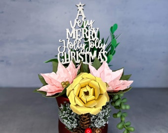 Merry Christmas Wooden Sign Votive Paper Flower Succulent and Poinsettia Pot