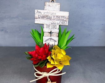 O Holy Night Wooden Cross Votive Paper Flower Succulent and Poinsettia Pot