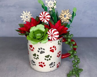 Christmas Puppy Paws Mug Paper Flower Succulent and Poinsettia Pot
