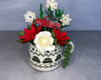 Christmas Sweater Mug Paper Flower Succulent and Poinsettia Pot