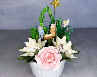 Nativity Button Ramekin Paper Flower Succulent and Poinsettia Pot