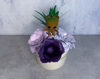 Baby Groot Figure in Paper Flower Succulent Pot