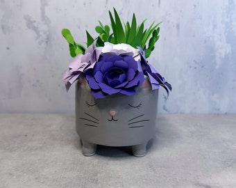 Grey Cat Paper Flower Succulent Pot