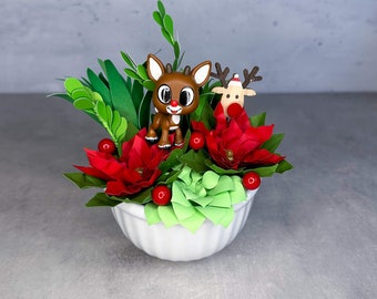 Rudolph from Rudolph the Red-Nosed Reindeer Figure in Paper Flower Succulent and Poinsettia Pot