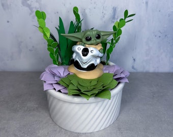 Baby Yoda Figure in Paper Flower Succulent Pot