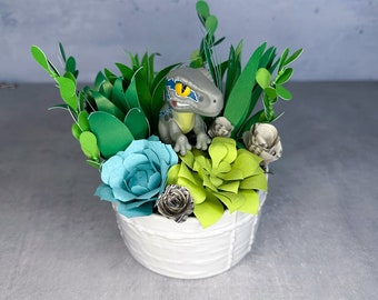 Blue Dino Figure in Paper Flower Succulent Pot