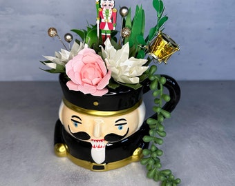 Nutcracker Mug Paper Flower Succulent and Poinsettia Pot