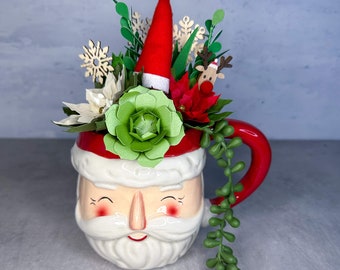 Santa Face Mug Paper Flower Succulent and Poinsettia Pot